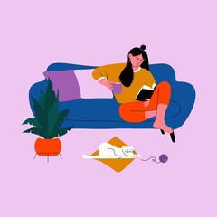 Woman reading book. Girl on sofa with book, cat, plant cartoon hand drawn character, literature fan. Vector illustration