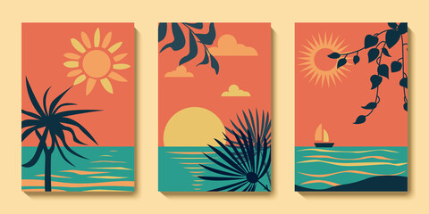 Fototapeta na wymiar Set of summer abstract modern landscape poster, sea background. Sunset beach, palms, ocean. Contemporary aesthetic wall art poster collection. Vector minimalist illustrations
