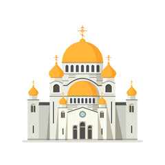 Church or temple with golden domes, vector icon.