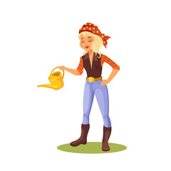 Gardener woman with watering can, vector banner