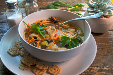 Side View Of Chicken Noodle Soup on natural wood surface.