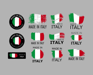 Set of stickers. Made in Italy. Brush strokes shaped with Italian flag. Factory, manufacturing and production country concept. Design element for label and packaging. Vector colorful illustration.