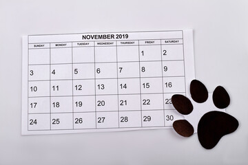 International pet day concept. November calendar on white background. Dog paw mark.
