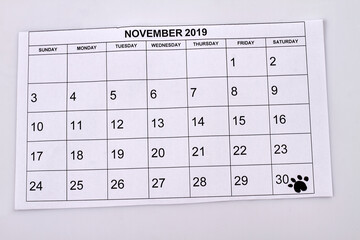30 of november marked in paper calendar by dog paw mark. International pet day.