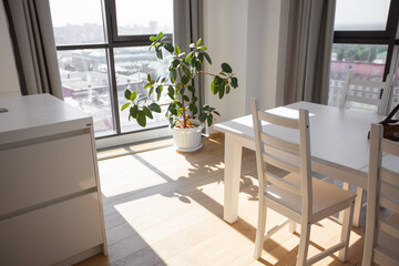 stylish apartment design with panoramic windows with a table and chairs