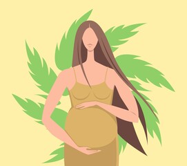 A beautiful pregnant girl holds her hands on her stomach. Happy pregnancy. Flat cartoon vector illustration.  - 509644729