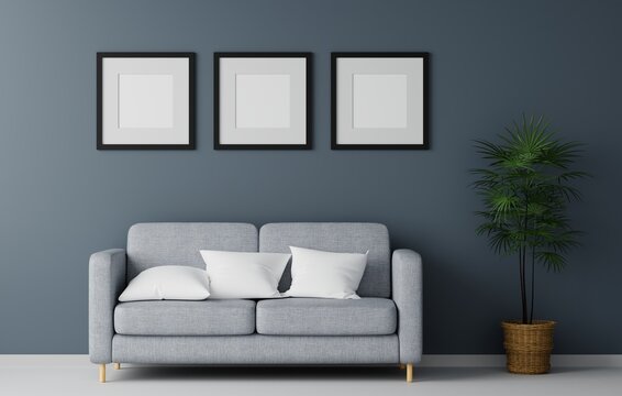 Blank picture frame mockup in modern interior living room, minimal style. 3D rener illustration.