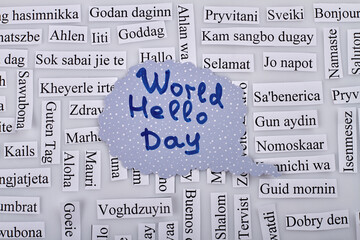 World hellow day concept. Paper pieces on white background. Top view flat lay.