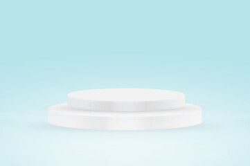 Round white stage podium illuminated with light on blue background. Vector for product presentation