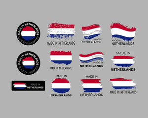 Set of stickers. Made in Netherlands. Brush strokes shaped with Dutch flag. Factory, manufacturing and production country concept. Design element for label and packaging. Vector colorful illustration.