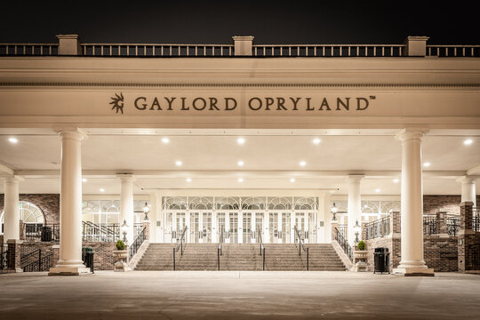 NASHVILLE, TN, USA - February 25, 2018: One of the entrances to the massive Gaylord Opryland Resort and Convention Center that features plenty of architecture, nature, and rooms inside the hotel.