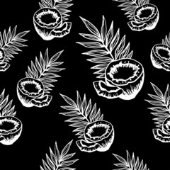 seamless pattern of coconut halves with pulp, pieces and palm leaf in doodle style. white line on black background. vector