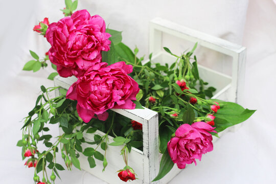 bouquet of peony flowers and roses in a box on a white background, floristic flower arrangement, flower delivery