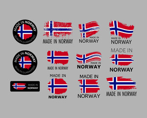 Set of stickers. Made in Norway. Brush strokes shaped with Norwegian flag. Factory, manufacturing and production country concept. Design element for label and packaging. Vector colorful illustration.