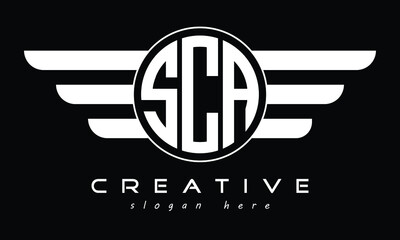 SCA three letter initial letter logo in circle with wings vector template.