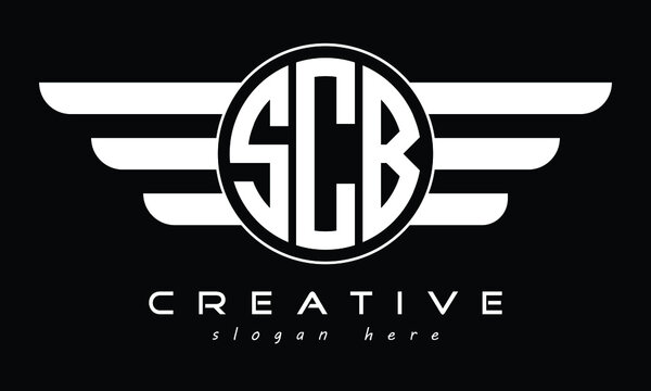 SCB three letter initial letter logo in circle with wings vector template.