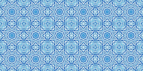 Blue white watercolor azulejo tile border background. Seamless coastal geometrical floral mosaic effect banner. Ornamental arabesque summer fashion repeat edge trim.