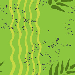 Green abstract vector seamless pattern for design. Vertical curved stripes, leaves and dots.