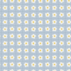Seamless colorful pattern with hand drawn viola flower heads in rows on blue background for surface design and other design projects