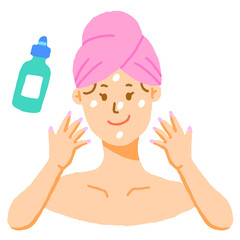 Cute Beautiful Woman Girl Pink Towel Hair Wrap Skincare Product Icon Morning Routine Serum Moisturising Moisturiser Sunscreen Step Drop Tube Dropping bottle Isolated Vector Illustration 