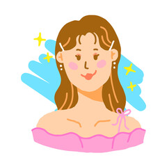 Cute Shining Beautiful Girl Brown Brunette Long Hair Clip with Make-up on Wearing Pink Dress Pearl Earring Blue Abstract Background Isolated Vector Illustration 