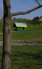 Bird feeder, painted in yellow-blue in the botanical garden, Ukraine