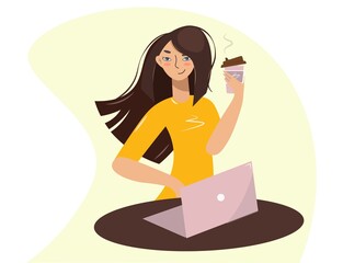 Business woman drinks coffee from a plastic cup while working. Stylish lady and laptop. The girl pauses, recuperates during the break. Work, study, rest. Freelance. Vector isolated in flat style.