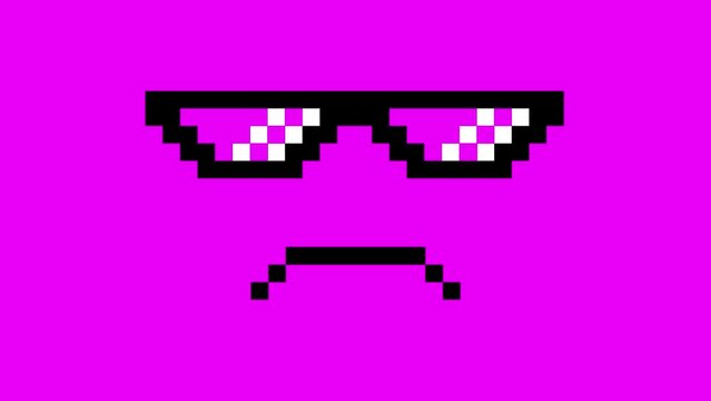 Pixel glasses of thug life meme. Smiley in sunglasses. Contemporary art computer web games style. Simple pixel art GIF animation. Gangsta lifestyle culture concept. Funky stylish accessory for vision.