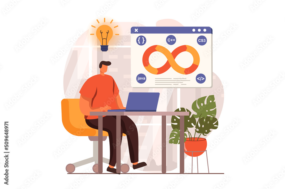 Poster DevOps web concept in flat design. Programmer working at laptop, generate ideas, creates software, doing project management. Development operations practice. Illustration with people scene