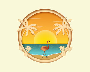 Flamingos on the beach at sunset. Nautical concept in paper cut style. Frame with palm trees and tropical plants. Vector illustration