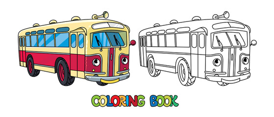 Funny small retro bus with eyes. Coloring book