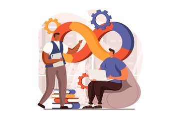 DevOps web concept in flat design. Programmers discuss work tasks, create programs, administration processes and collaboration. Development operations practice. Illustration with people scene