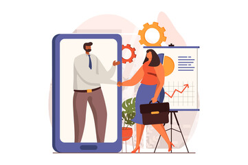 Digital business web concept in flat design. Businesswoman and businessman shake hands and make deal. Analysis and strategy development, investment in project. Illustration with people scene
