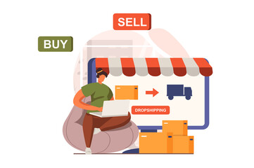 Digital business web concept in flat design. Woman sells goods in online store on marketplace, arranges and sends orders to customers. E-commerce and e-business. Illustration with people scene