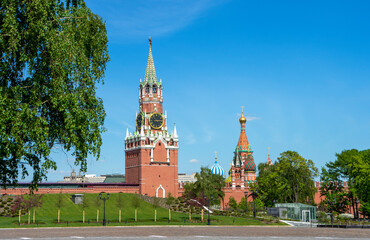 Spasskaya tower of the Moscow Kremlin and St. Basil's Cathedral, Moscow, Russia