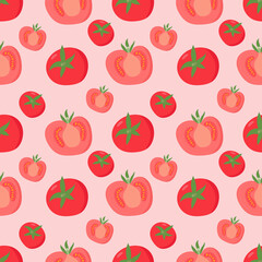 Bright pattern with red tomatoes. For fabrics, wrapping paper in restaurants. Salad ingredients. Vector.