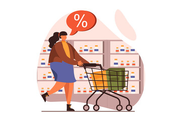 Discount store web concept in flat design. Happy woman with cart buying food and making purchases at supermarket. Smart shopping and loyalty program for clients. Illustration with people scene