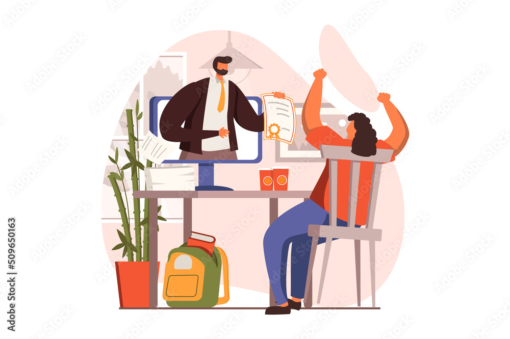 Poster Distant learning web concept in flat design. Woman graduates from university and receiving diploma certificate from teacher. Online education and e-learning. Illustration with people scene