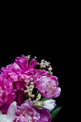 pink and white flowers. pink and white peonies on a black background. Bouquet of flowers.