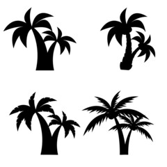Set of different paired silhouettes of palm trees. Isolated on white background.