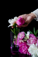 wine and flowers. still life with flowers. Bouquet of white and pink peony on a black background. Flower in a glass of water. Hand holding a glass