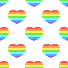 Rainbow colored hearts on white background. Seamless pattern in colors of the LGBT community. Best for print, posters, cards, stickers and web design.
