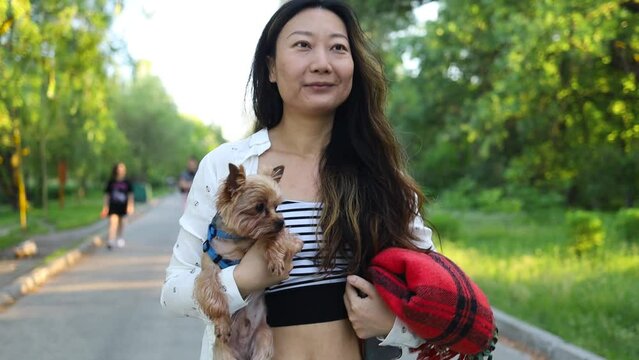 Young asian female and dog summer concept. The girl plays with little dog Yorkshire Terrier in park at sunset.