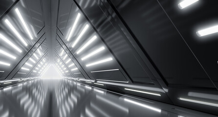 Futuristic Cyber Tunnel, Sci Fi Dark Lights corridor interior design. Triangle Metal Structures Future concept design. 3D Rendering