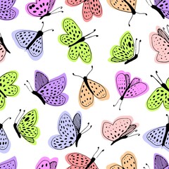 Multicolored moths on a white background vector seamless pattern. Line and spot.