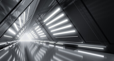 Futuristic Cyber Tunnel, Sci Fi Dark Lights corridor interior design. Triangle Metal Structures Future concept design. 3D Rendering