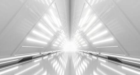 Abstract Futuristic corridor interior design with lights. Triangle Spaceship Tunnel Future concept. 3D Rendering