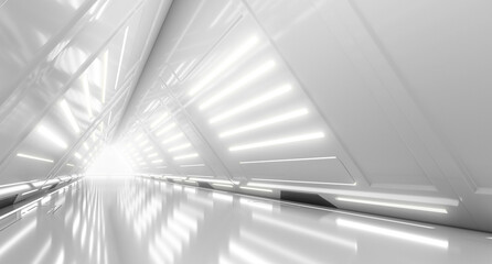 Abstract Futuristic corridor interior design with lights. Triangle Spaceship Tunnel Future concept. 3D Rendering