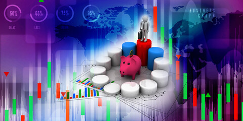 3d rendering Pig Coin bank with business graph near business man
