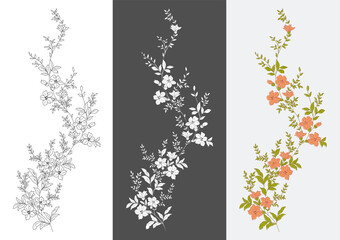 Set of floral patterns. Colorfull flowers vector design.  Black and white. 